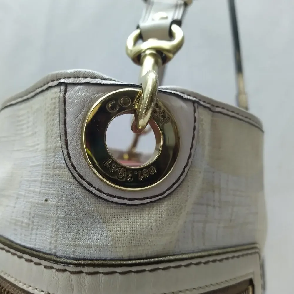 Coach Signature Of-White Canvas Leather Trim Zipper Pockets Hobo Shoulder Bag